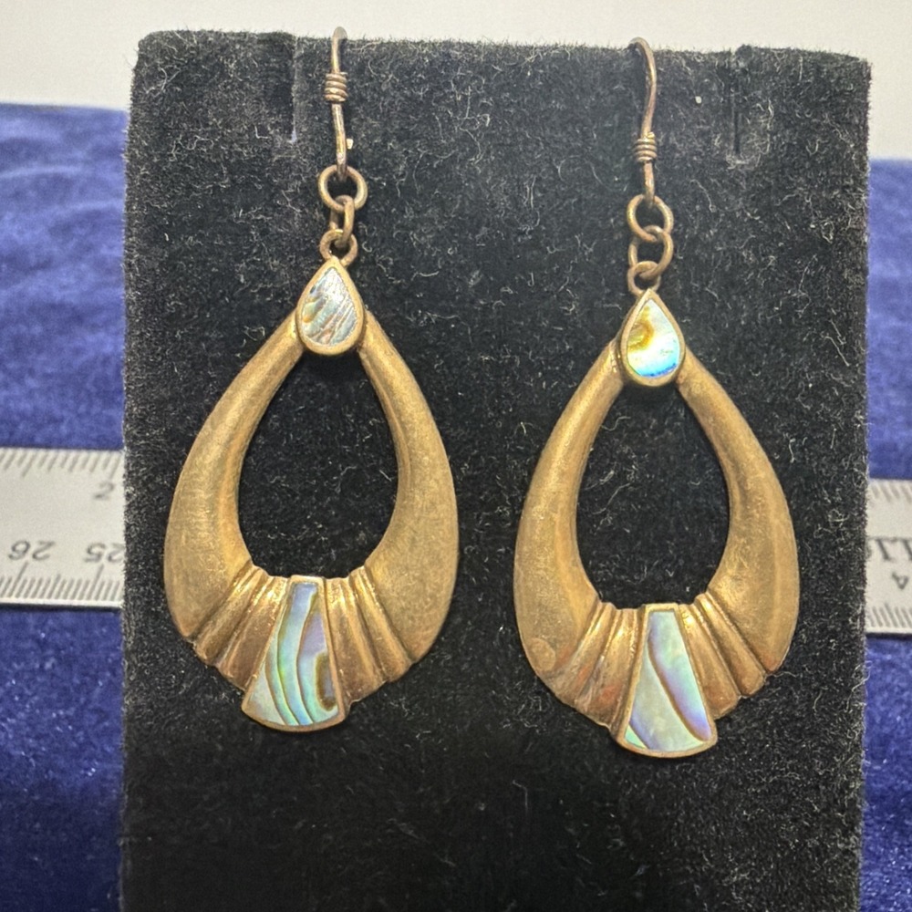 Vintage Gold Plated Sterling Silver 925 Abalone Shell Dangle Earrings